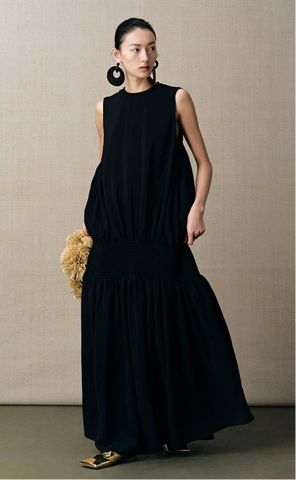 ZHUCHONGYUN new black satin elegant pleated dress--KENZO.