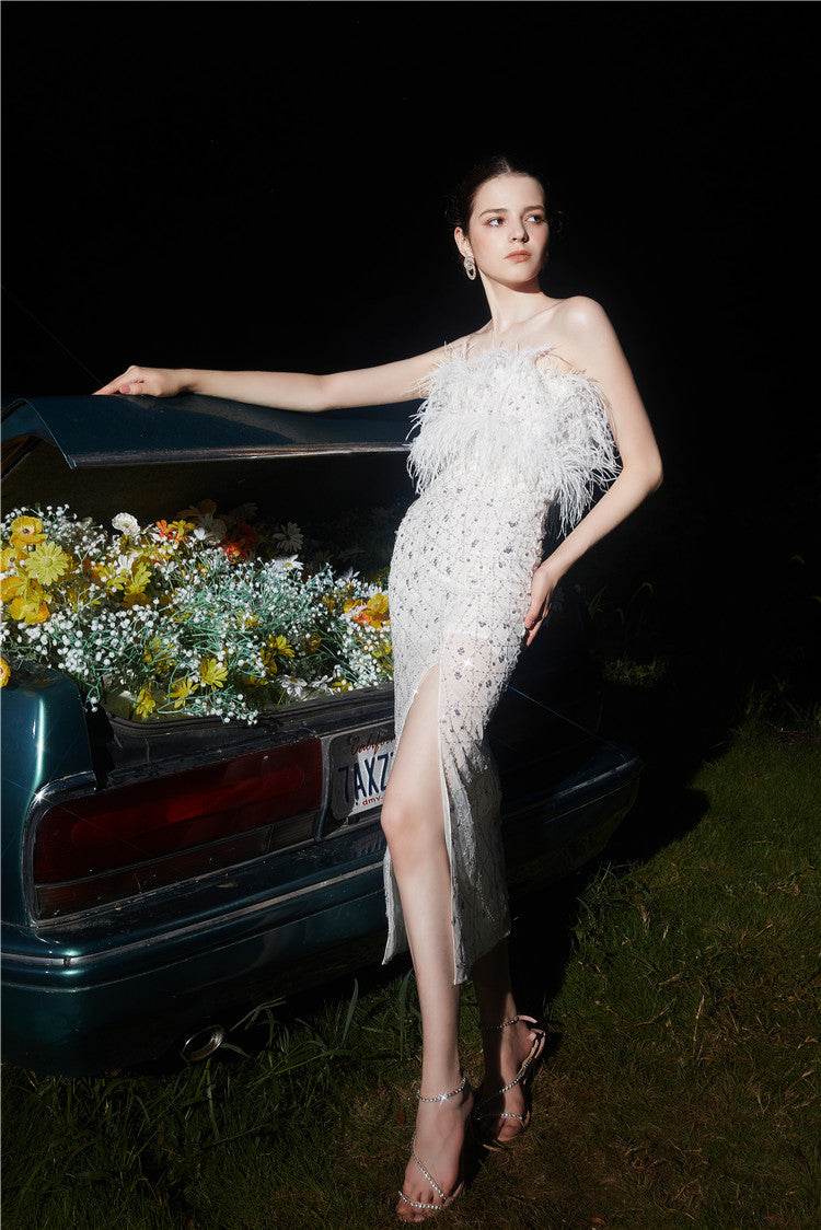 Wardrobes by Chen  luxury wedding White Haute Couture Feather Sequin Dress-Masa
