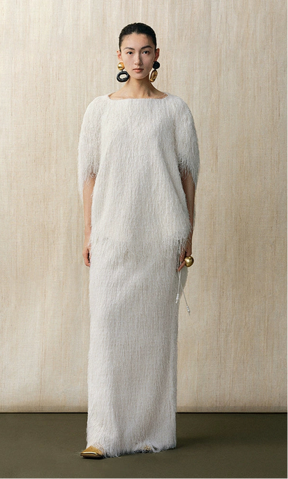ZHUCHONGYUN  snow-white fringe loose straight long skirt-SOUH.
