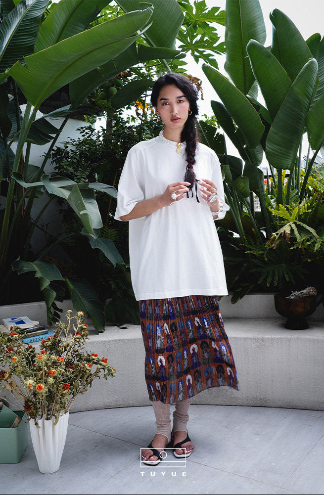 TUYUE Mural print pleated high waisted midi skirt- ANDANA.