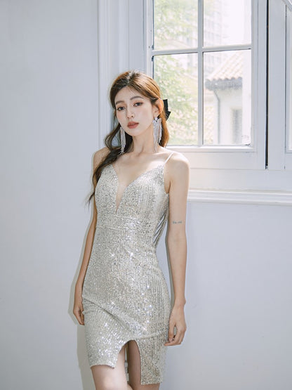 DOLLY Elegant Deep V-Neck Sleeveless Sequin Long Slim Fit Evening Dress-IVONNE