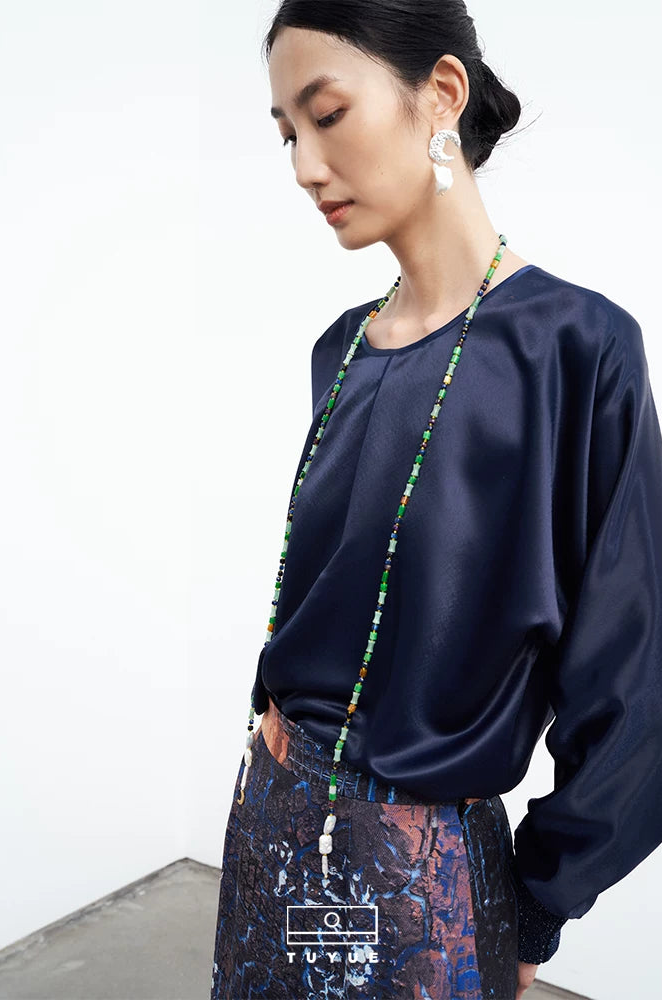 TUYUE blue acetate-trimmed satin long-sleeved top- CAROLINE