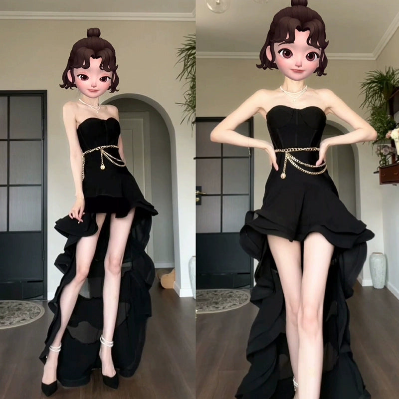 DOLLY High End Black Chet Wrap Sleeveless Off Shoulder Ruffle Dinner Dress-KRISTI