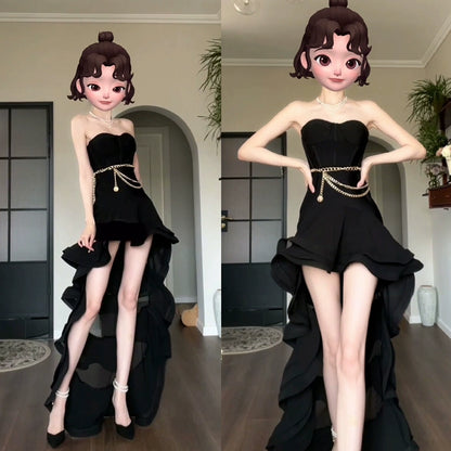 DOLLY High End Black Chet Wrap Sleeveless Off Shoulder Ruffle Dinner Dress-KRISTI