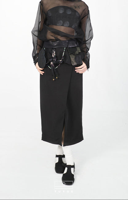 TUYUE Black Retro Slit Straight Hip Skirt - JAKE.