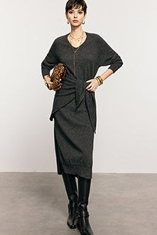 ANNASPEAK  Wool V-Neck Dress Shawl Knit Set Winter-KIKI.