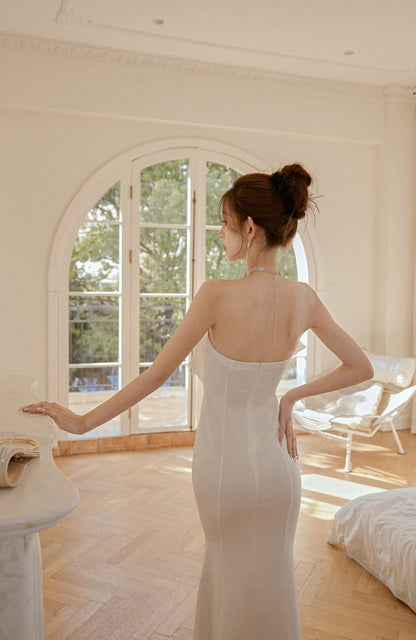 DOLLY Elegant White French Style Big Bow Long Fish Tail Cocktail Dress-FREYA