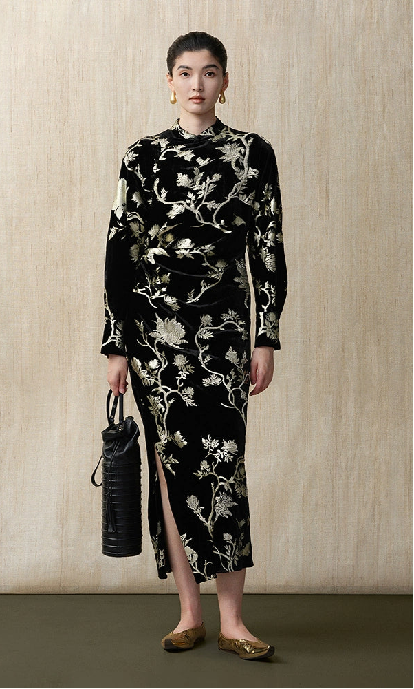 ZHUCHONGYUN bronzing velvet slit long sleeve floral dress-SHOUYA.