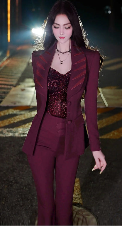 VJE  Burgundy Spliced Small Pants Two-Piece Set  Suit - HANS?