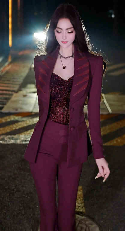 VJE  Burgundy Spliced Small Pants Two-Piece Set  Suit-HANS.