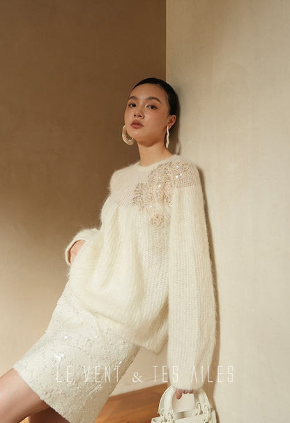 LE VENT&TES AILES high-luxury furry sequin-embroidered alpaca spring sweater-LILY