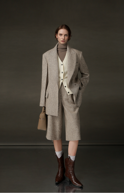 PIAOIN Retro Blazer Wool Jacket Women's Niche Suit Top Commuter Versatile- BEX