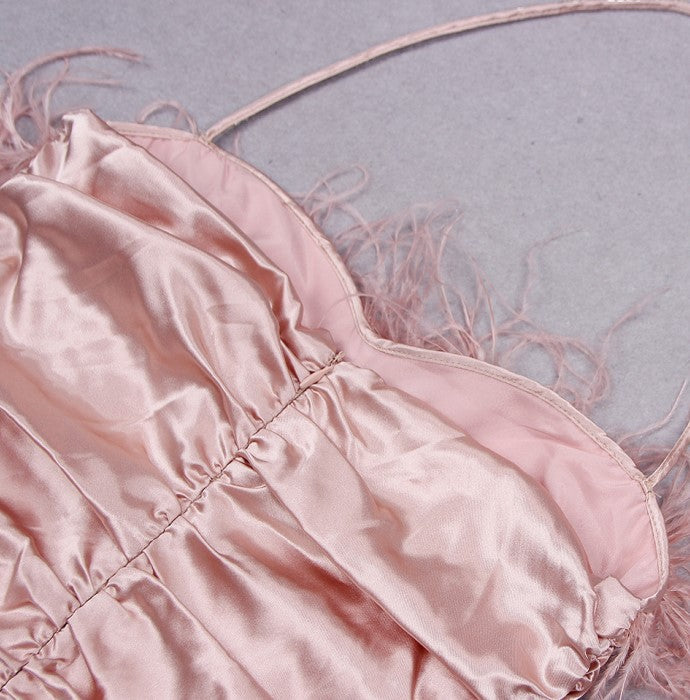 DOLLY Pink Sleeveless Diamond Chain Pleated Suspender Short Feather Dress-ZIXUAN