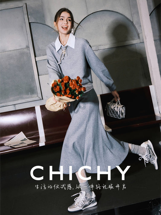 CHICHY Lazy Casual Gray Two-Piece Sporty Style Skirt-KILLUA