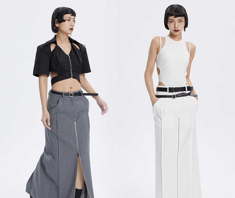 TINY IN zippered slit long straight legs structured seams low waist skirt -TENDO