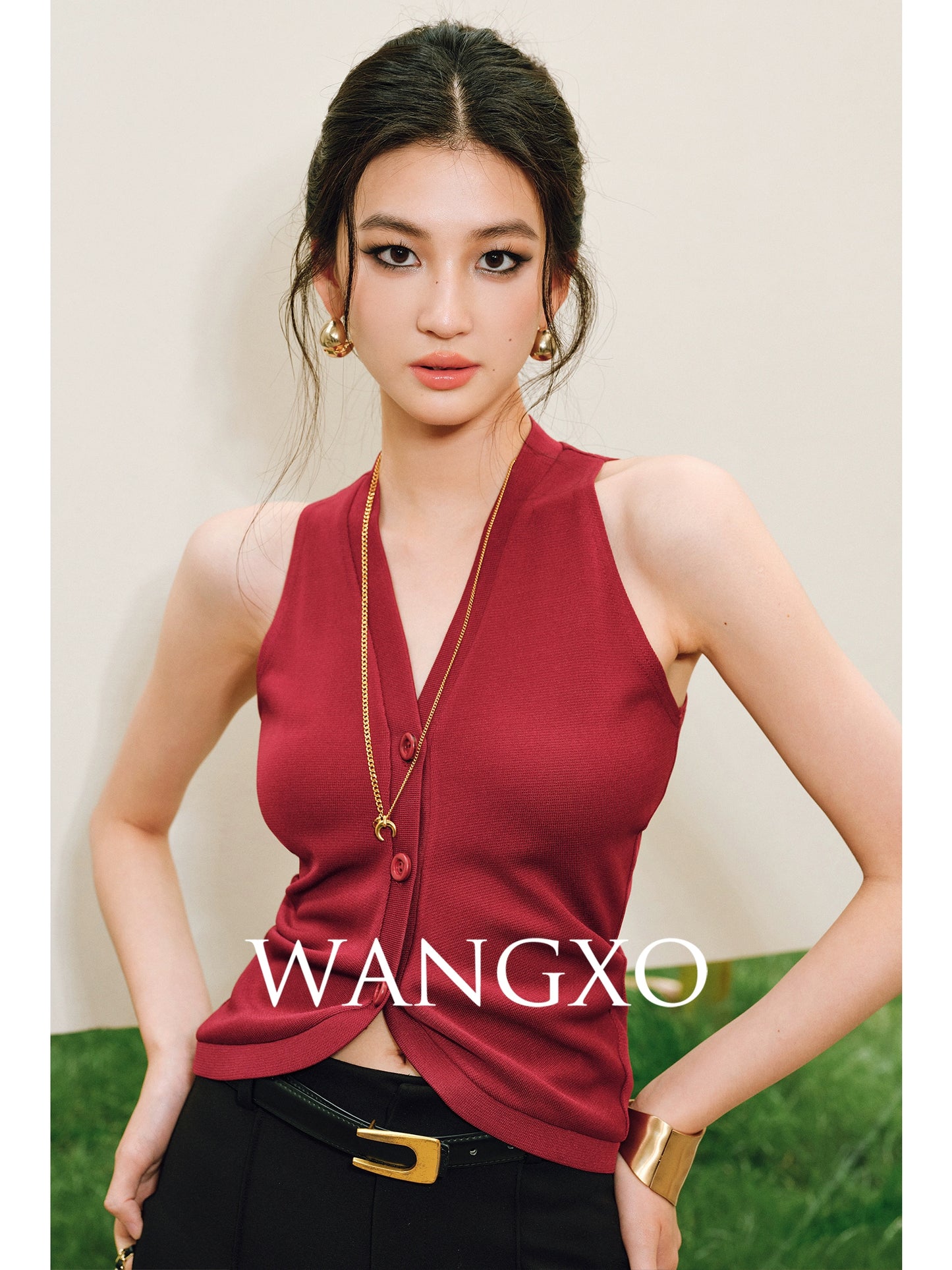 WANGXO |Vertical-Cut Acetate Double-Sided Threaded Halterneck Knitted Top -VELA