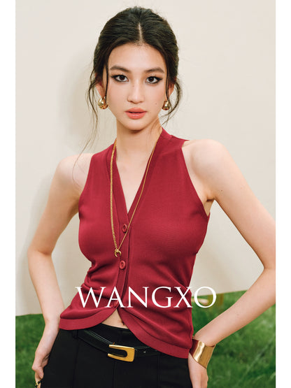 WANGXO |Vertical-Cut Acetate Double-Sided Threaded Halterneck Knitted Top -VELA