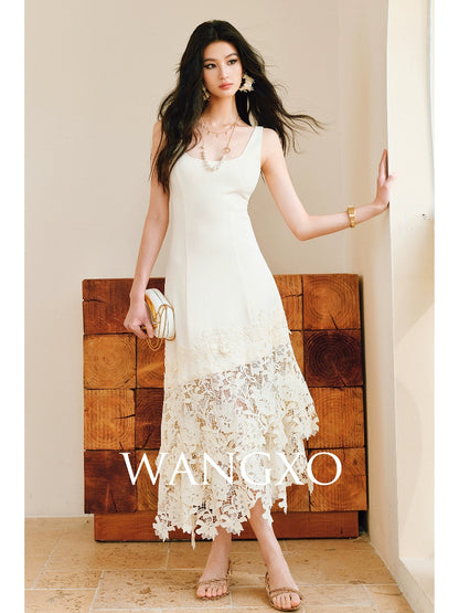 WANGXO High Stretch Knitted Stitching Neckline Slim Fit Three-Dimensional Split Sleeveless Dress - ELISE