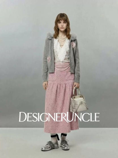 DGU×LAB "Matte Fleece" Gray Heart-Eye Embroidered Fur Collar Knitted Jacket - MIN