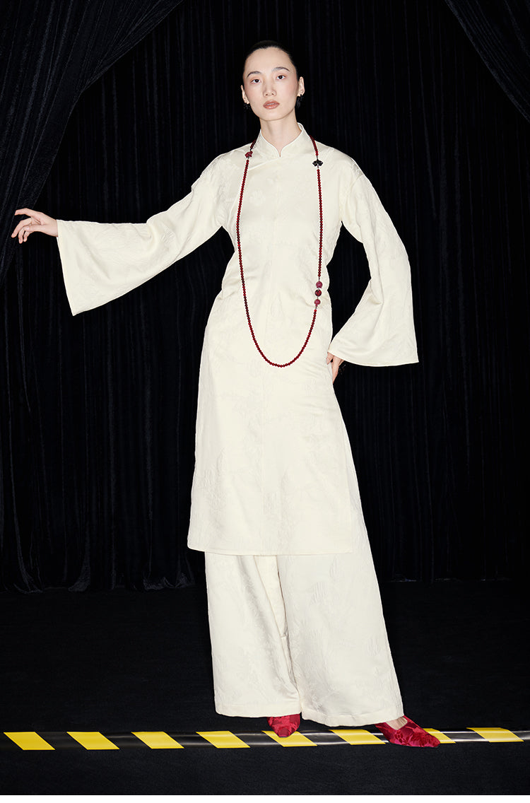 M essential Mackay designer jade carved jacquard bell sleeves cheongsam dress pant set - greg.