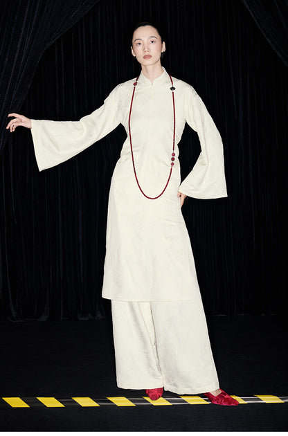 M essential Mackay designer jade carved jacquard bell sleeves cheongsam dress pant set - greg.