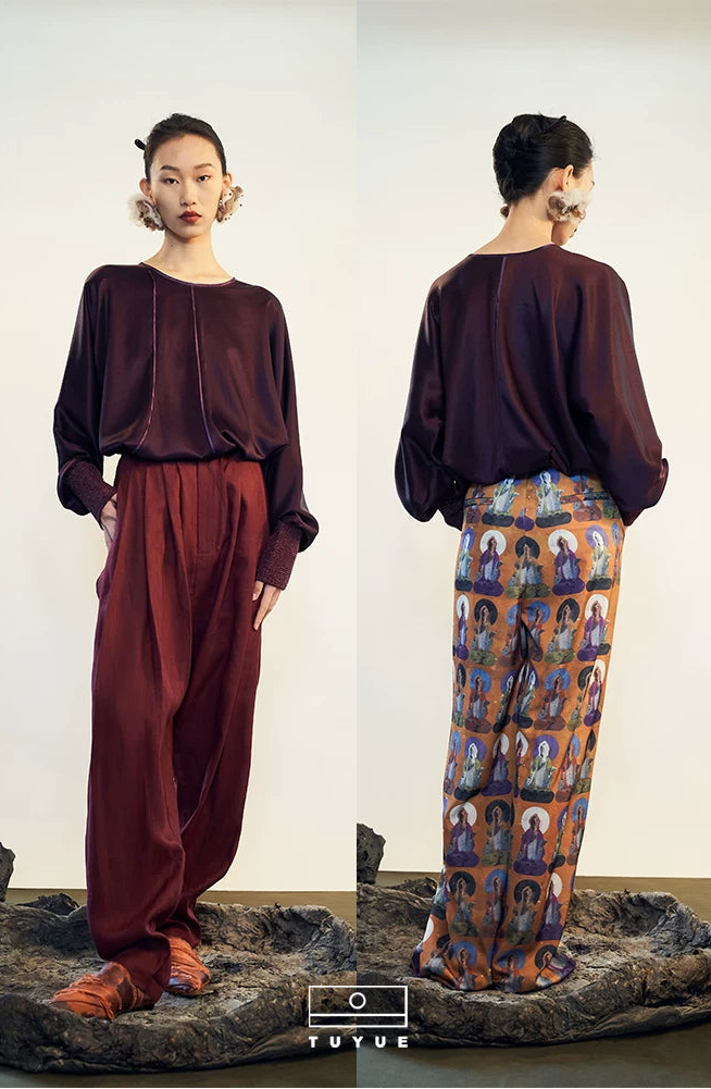 TUYUE Purple Acetate Satin Loose Silhouette Long-sleeved Top-ALANA