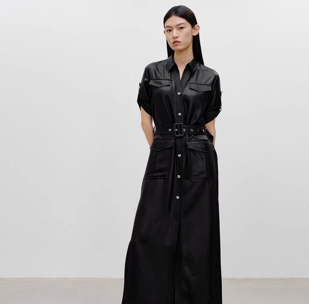 COMME MOI Lu Yan designer women's hunting straight side slit maxi skirt dress - LAYLA.