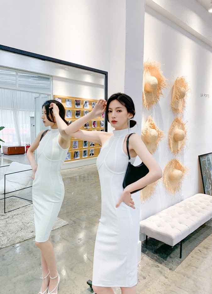 DOLLY Elegant Sleeveless Stand Collar Body Hug Midi Sexy Date Dress-NAT