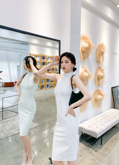 DOLLY Elegant Sleeveless Stand Collar Body Hug Midi Sexy Date Dress-NAT