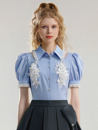 CHECOCRE Stubble sweet girly flower puff sleeve cutout sexy blue top - JOSHUA.
