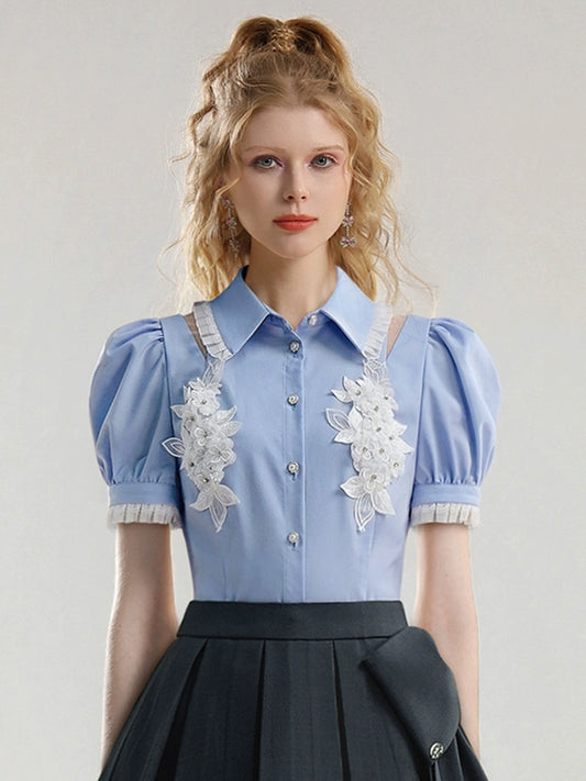 CHECOCRE Stubble sweet girly flower puff sleeve cutout sexy blue top - JOSHUA.