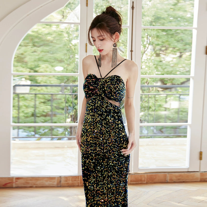 DOLLY Elegant Sequined Hollow Halter Neck Long Evening Dress-OLIVE