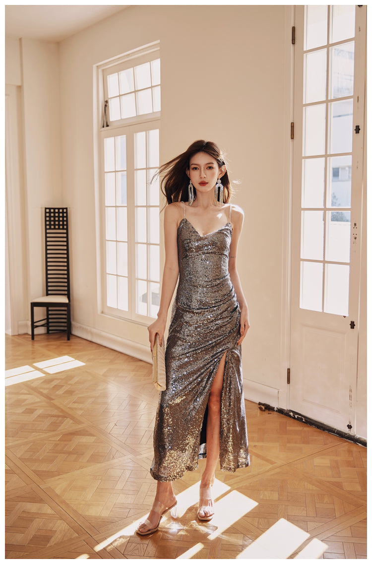 DOLLY High End V-Neck Sleeveless Long Slit Sequin Body Hug Evening Dress-KIM