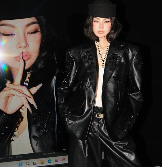 MEI SANGUAN black nail beaded embroidered leather jacket blazer -