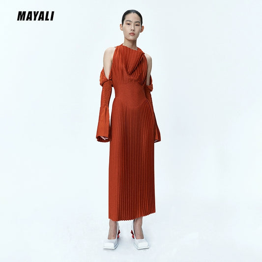 MAYALI FALL/WINTER 3d off the shoulder pressed pleat luxury dress - Mmini