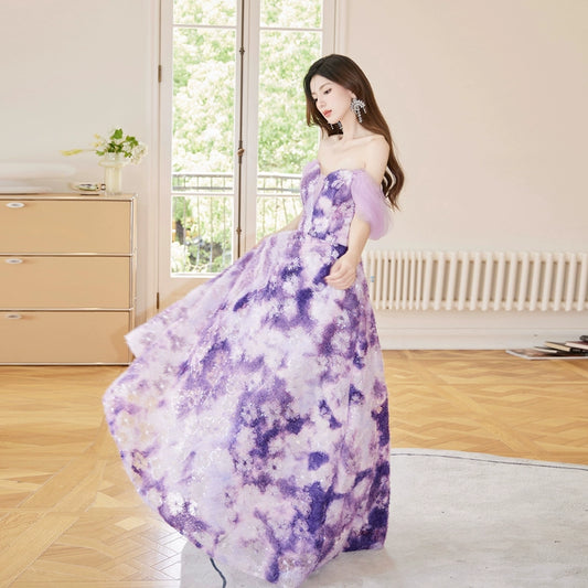 DOLLY Elegant Purple Off Shoulder Short Sleeve Print Long Loose Dress-ABUELA (V)