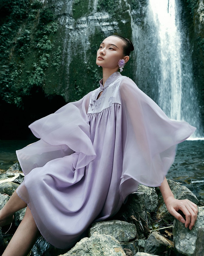 HECO [Feng Wu Clear Sleeves] New Chinese Standing Collar Buckle Flowing Dress- CLOAK.