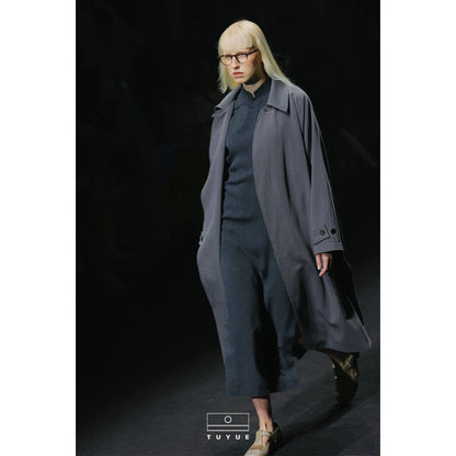 TUYUE Gray simple silhouette mid-length trench coat - GIFTY.