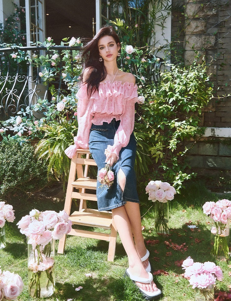 CHICHY French beautiful one-line collar long sleeve super fairy floral shirt-KIM