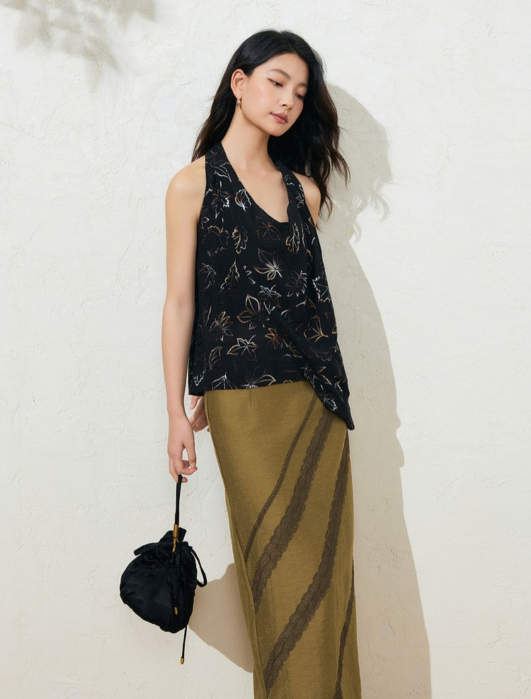 SuShe Elegant Tencel linen lace stitching back slit skirt -SARA
