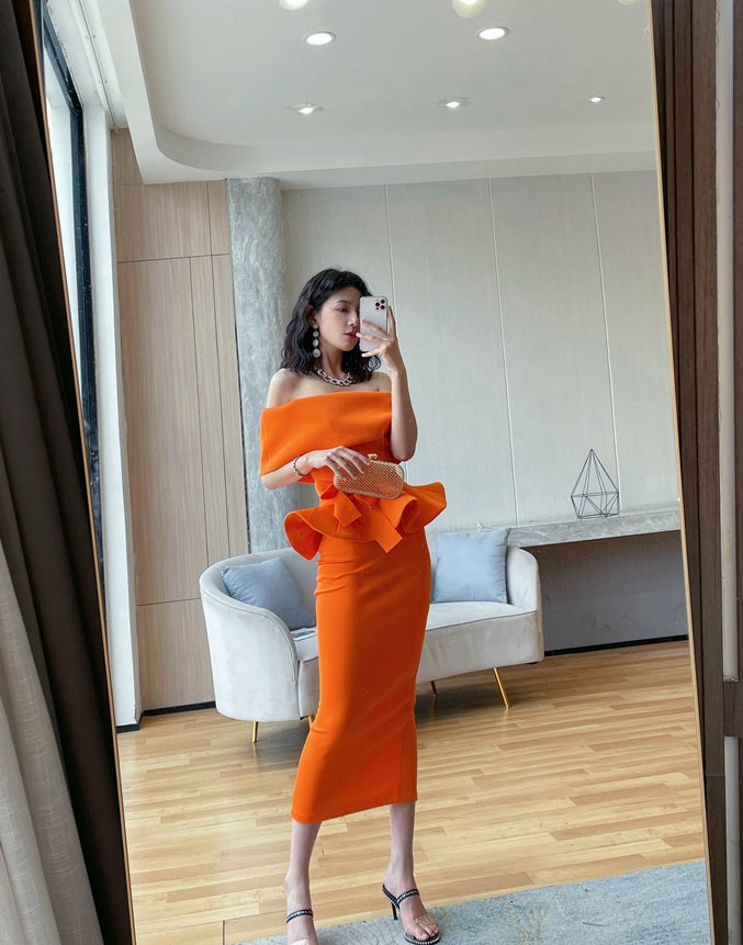 DOLLY High End Off Shoulder Peplum Tube Top Slim Fit Wedding Guest Dress-HANS