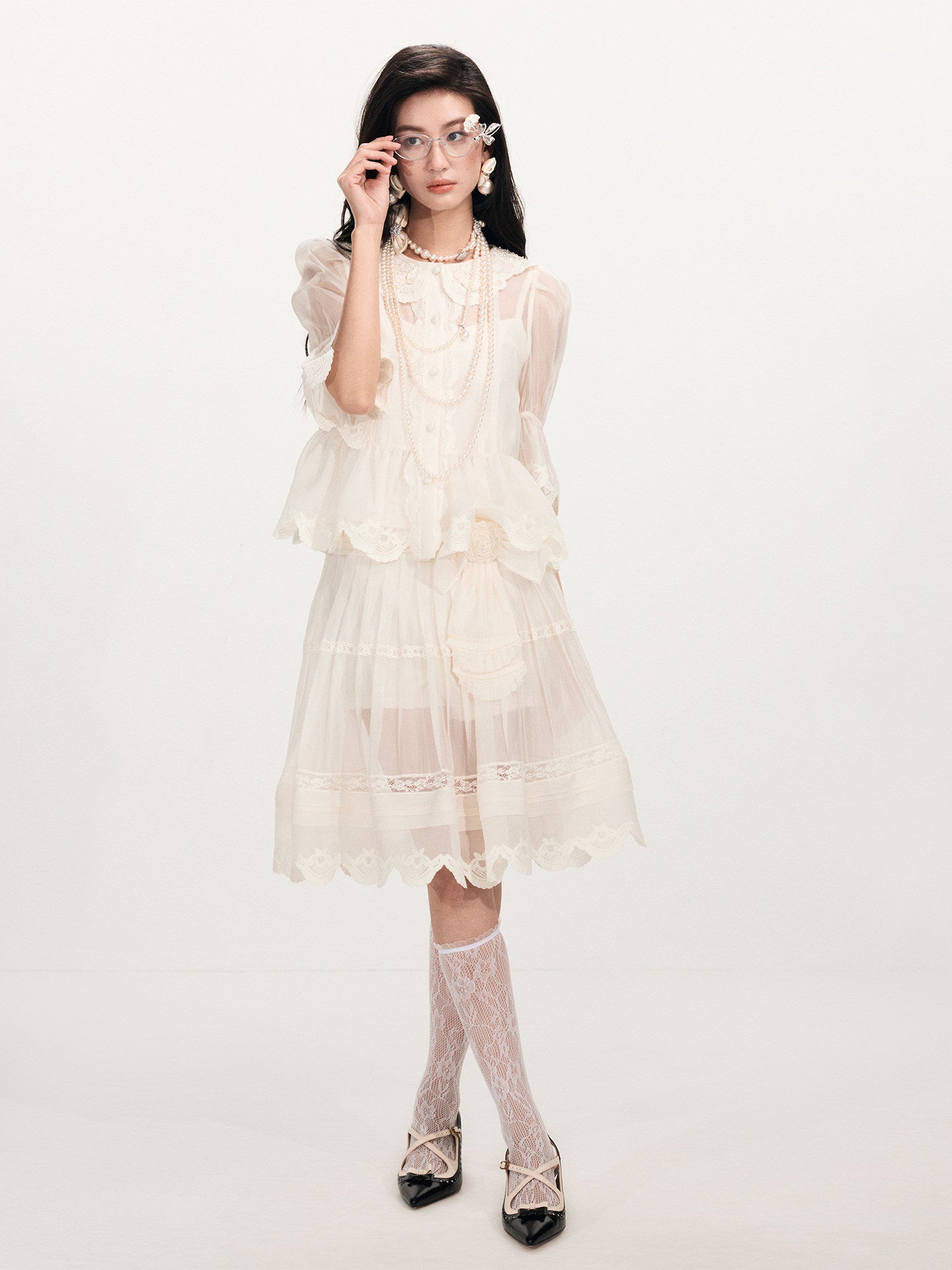 FAME openwork court-style organza embroidered skirt - JAXON