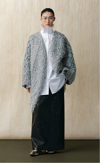 ZHUCHONGYUN curly textured wool loose midi curved cardigan jacket--MOJO.