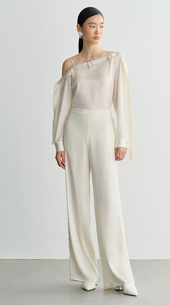 COMME MOI Lv Yan designer summer slanted lace top off-the-shoulder light shirt pants - ROMEO.