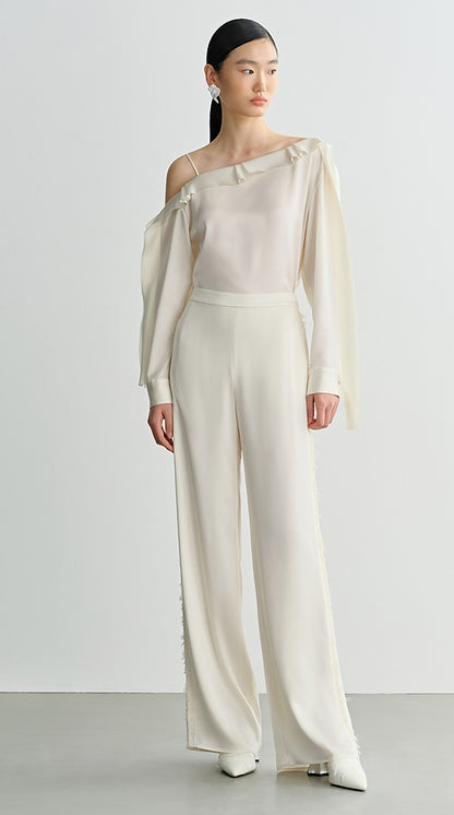 COMME MOI Lv Yan designer summer slanted lace top off-the-shoulder light shirt pants - ROMEO.