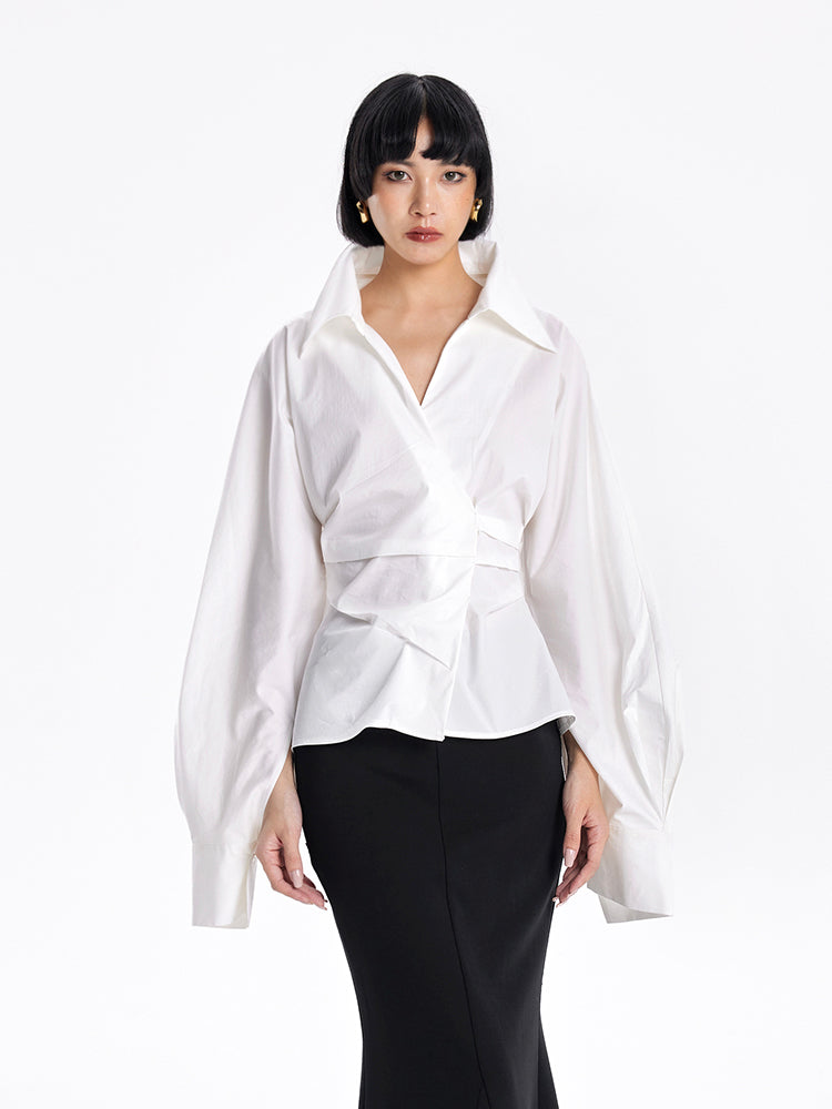 TINY IN stand-up collar casual pinch-pleated curved sleeve cinched waist shirt-KIA