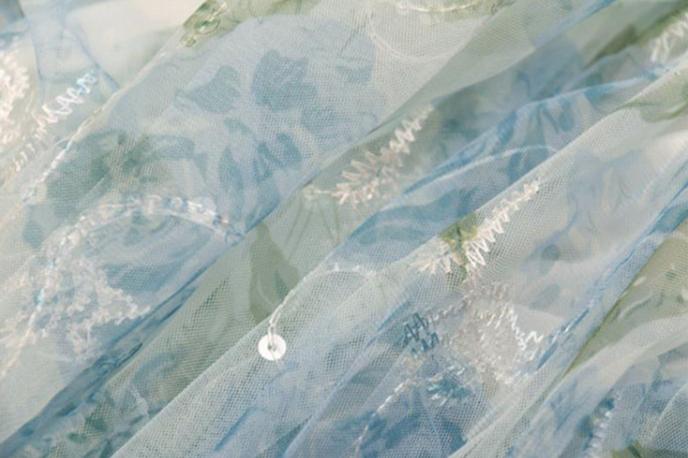 DOLLY Elegant Blue French Style Floral Off Shoulder Loose Glitter Resort Dress-TEE