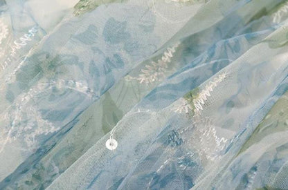 DOLLY Elegant Blue French Style Floral Off Shoulder Loose Glitter Resort Dress-TEE