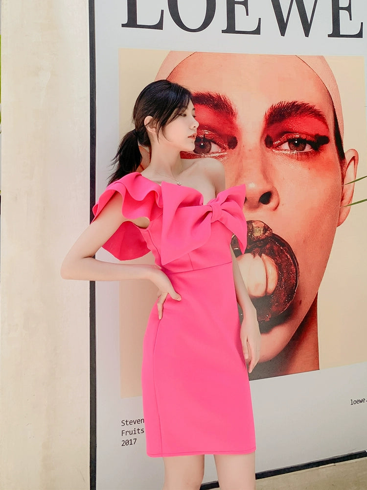 DOLLY Elegant French Style Pink Off Shoulder Big Bow Short Dinner Dress-JOMA