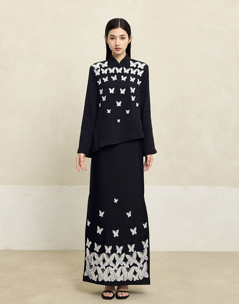 HECO Butterfly Beads Embroidered Stand-Up Collar black white T-Shirt - WORDS.